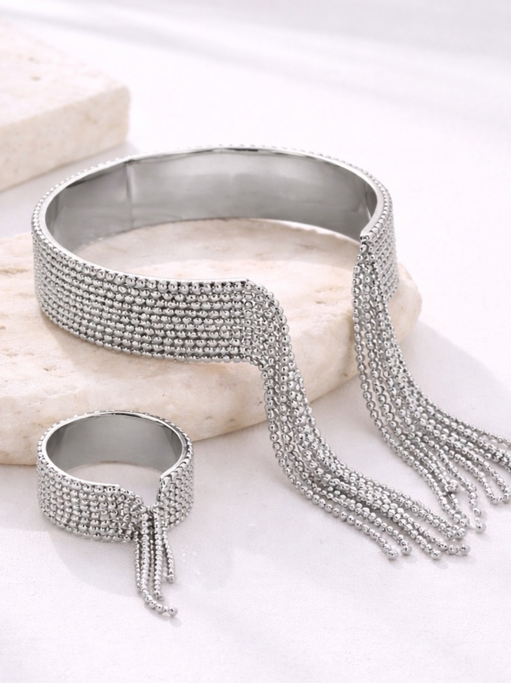 Silver Fringe Bracelet Ring Set Stainless Steel Tassel Cuff Adjustable
